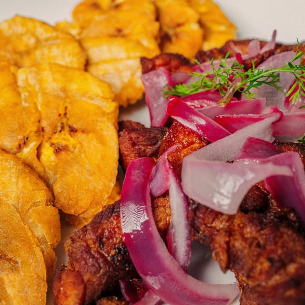 Close-up of fried plantains and meat topped with red onions and a green garnish.